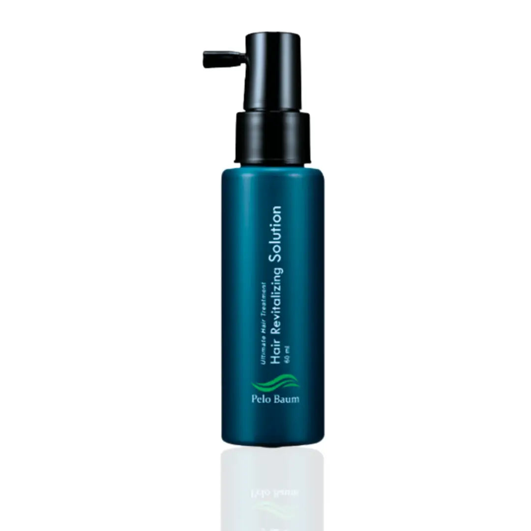 Pelo Baum Hair Revitalizing Solution 60ML bottle with a sleek dark teal design and pump dispenser, a nourishing formula that promotes hair growth and reduces thinning.