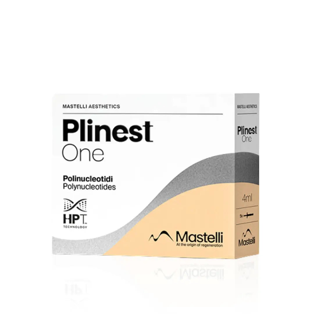 Plinest One hydration gel, yellow and white packaging, 5x4ml vials, enhances skin moisture and texture, ideal for overall body skin care.