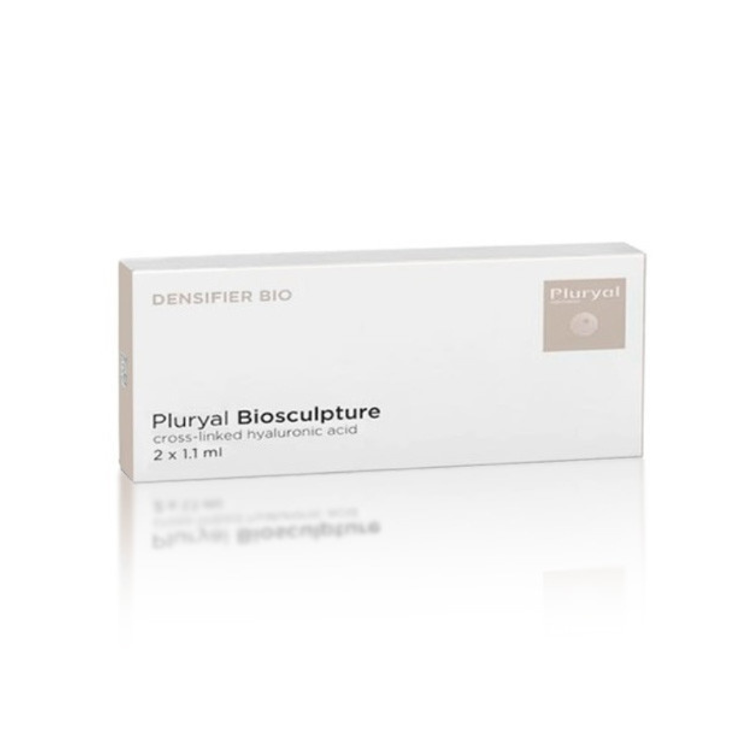 Pluryal Biosculpture box with 2x1.1ml syringes, contains cross-linked hyaluronic acid for facial volume.