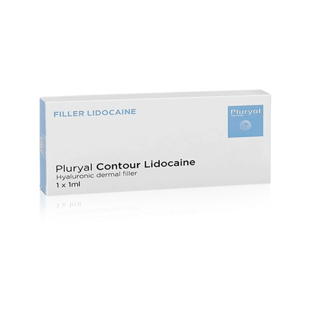 Pluryal Contour Lidocaine box, white with blue detail, 1ml hyaluronic acid filler for facial contouring.