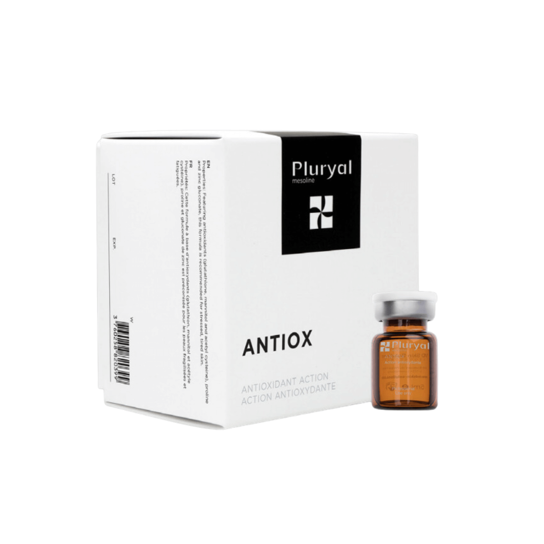 Pluryal Mesoline Antiox box and vial, white and black packaging, antioxidant action for skin, hair, and scalp rejuvenation.