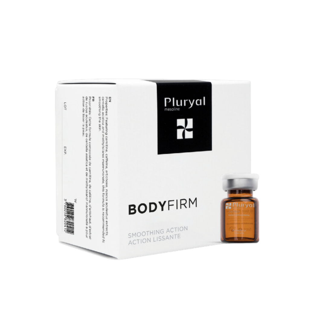 Pluryal Mesoline Bodyfirm box and vial, white packaging with smoothing action for skin tightening and cellulite reduction.