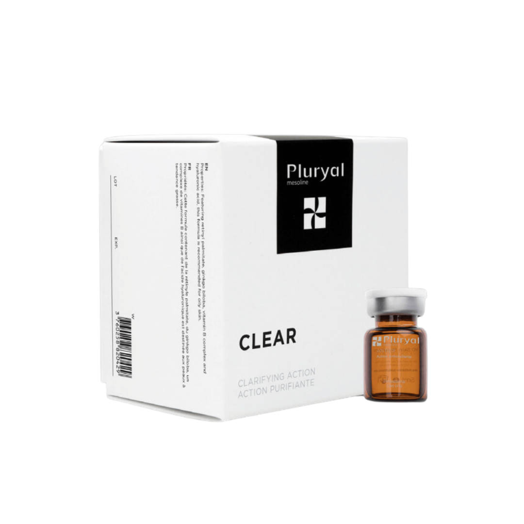 Pluryal Mesoline Clear box and vial, white packaging, 5x5ml vials for skin clarification and hydration.