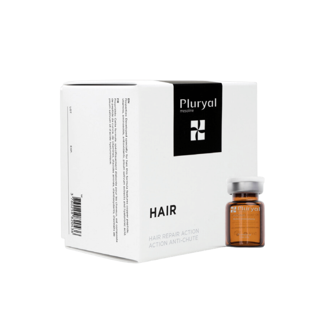 Pluryal Mesoline Hair packaging and vial, white box for hair growth treatment, 5x5ml vials, hair repair action.