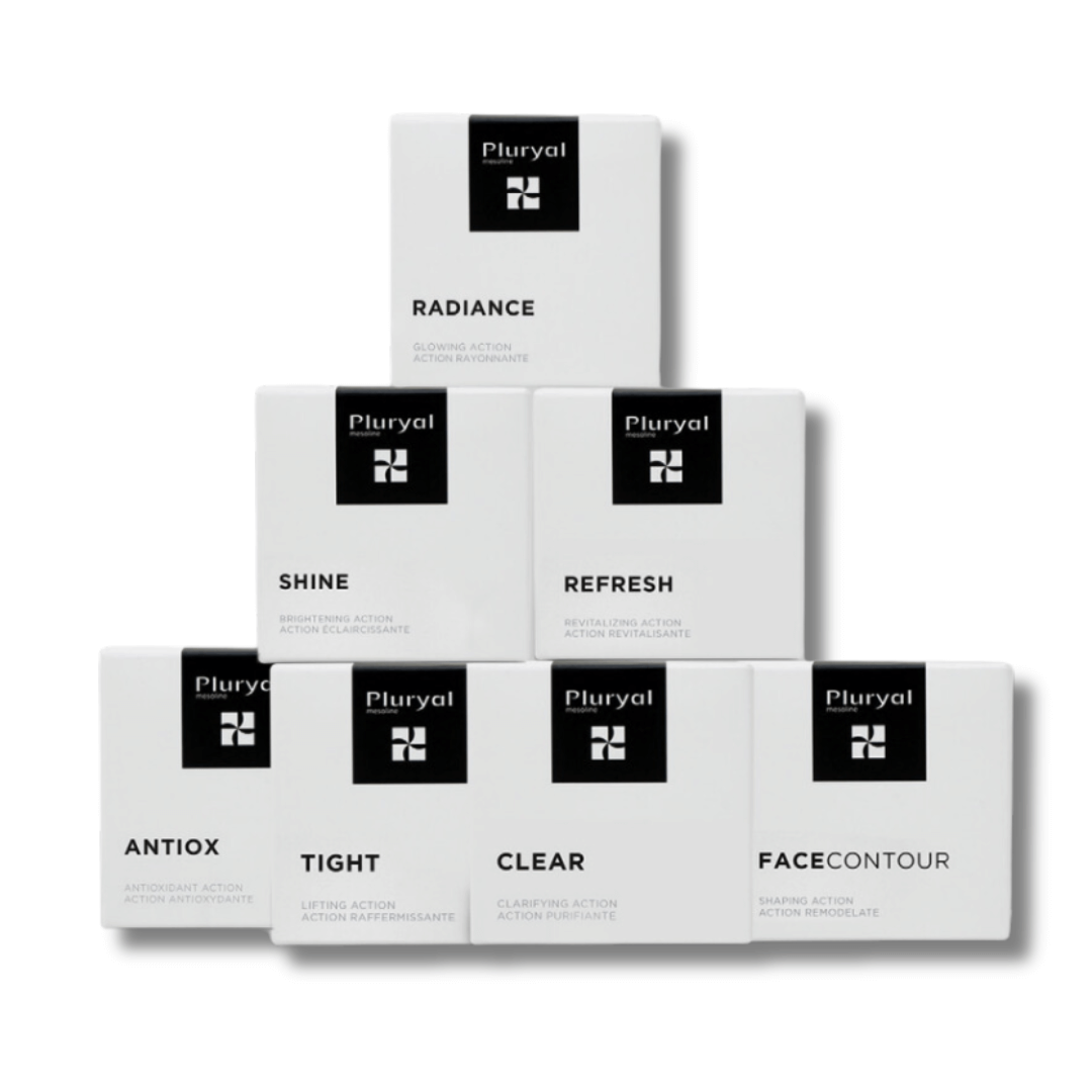 Pluryal Mesoline product collection boxes with varied treatments for skin, face, and body enhancement.