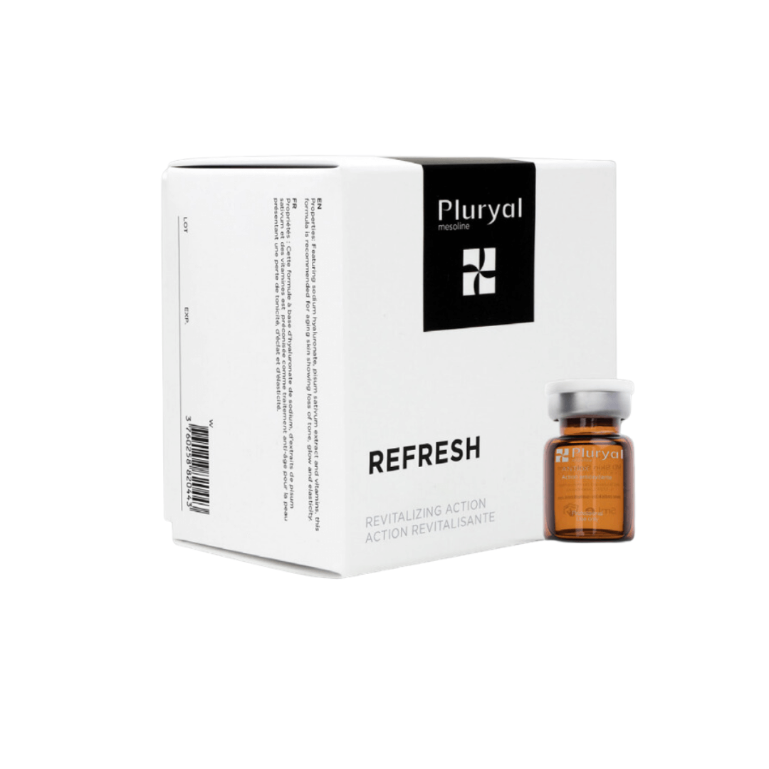 Pluryal Mesoline Refresh box and vial, white packaging for skin revitalization, 5x5ml vials with intensive moisturizing action.