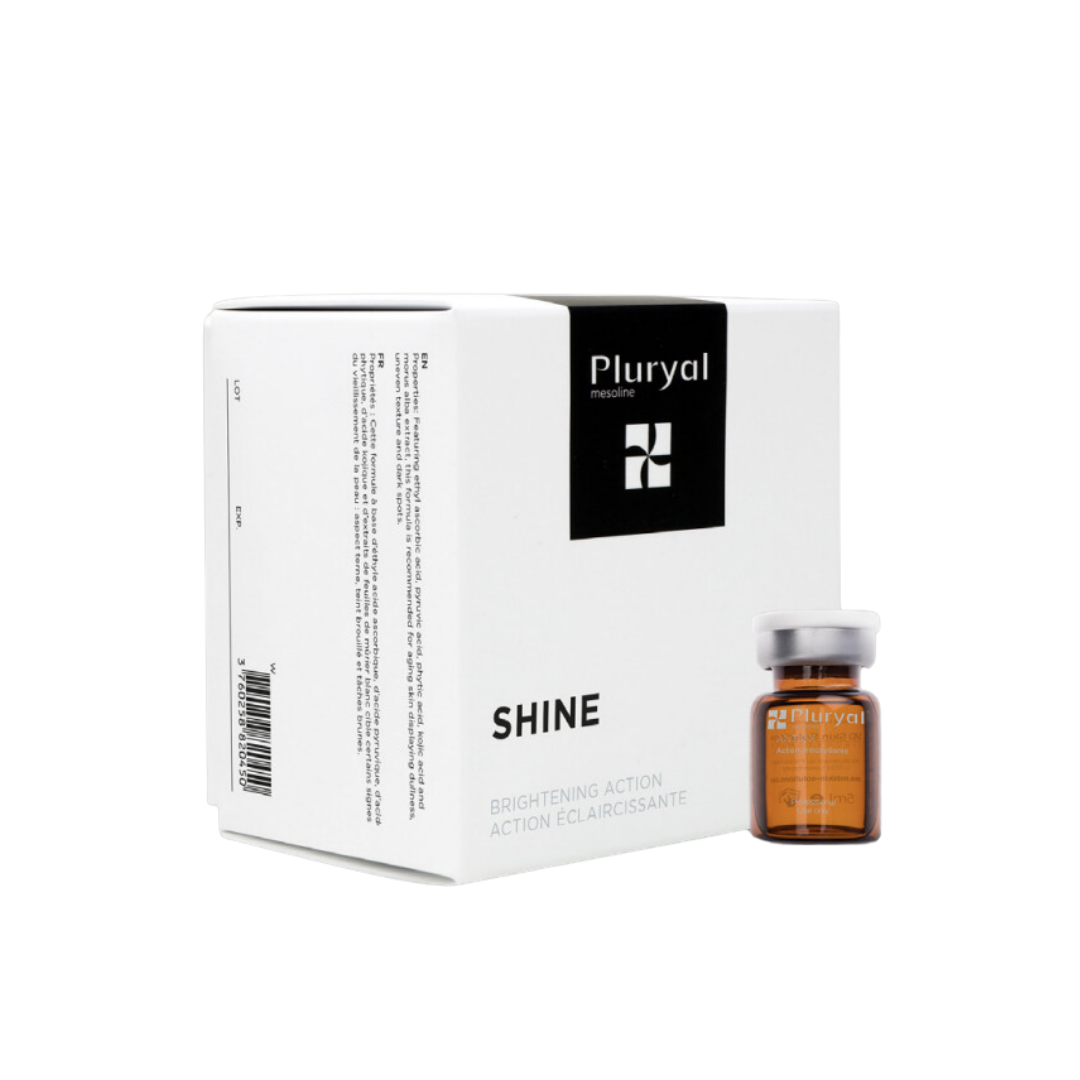 Pluryal Mesoline Shine box and vial, white packaging with black accents, 5x5ml vials for skin brightening and UV protection.