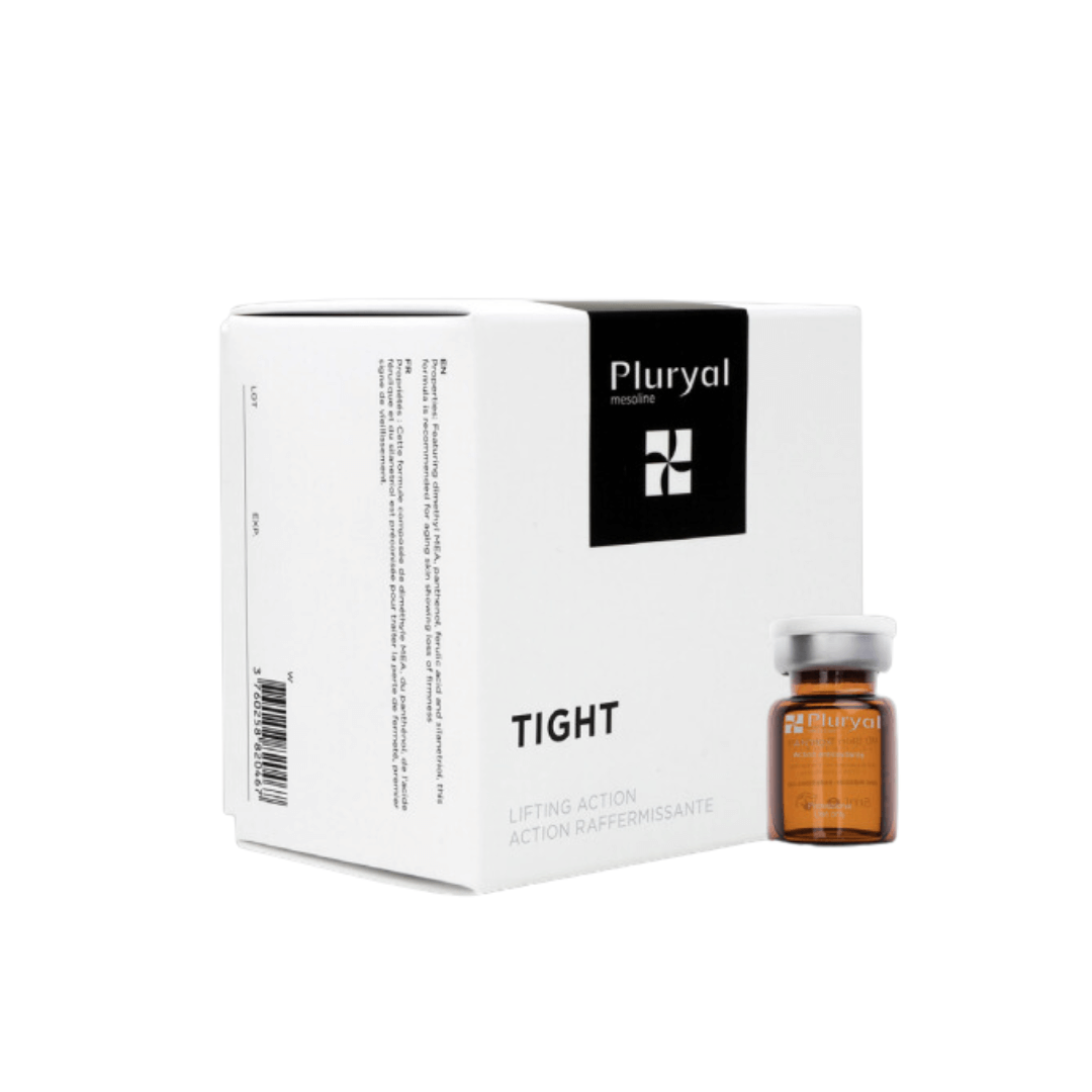 Pluryal Mesoline Tight box and vial, white packaging for skin firming, 5x5ml vials with lifting action.