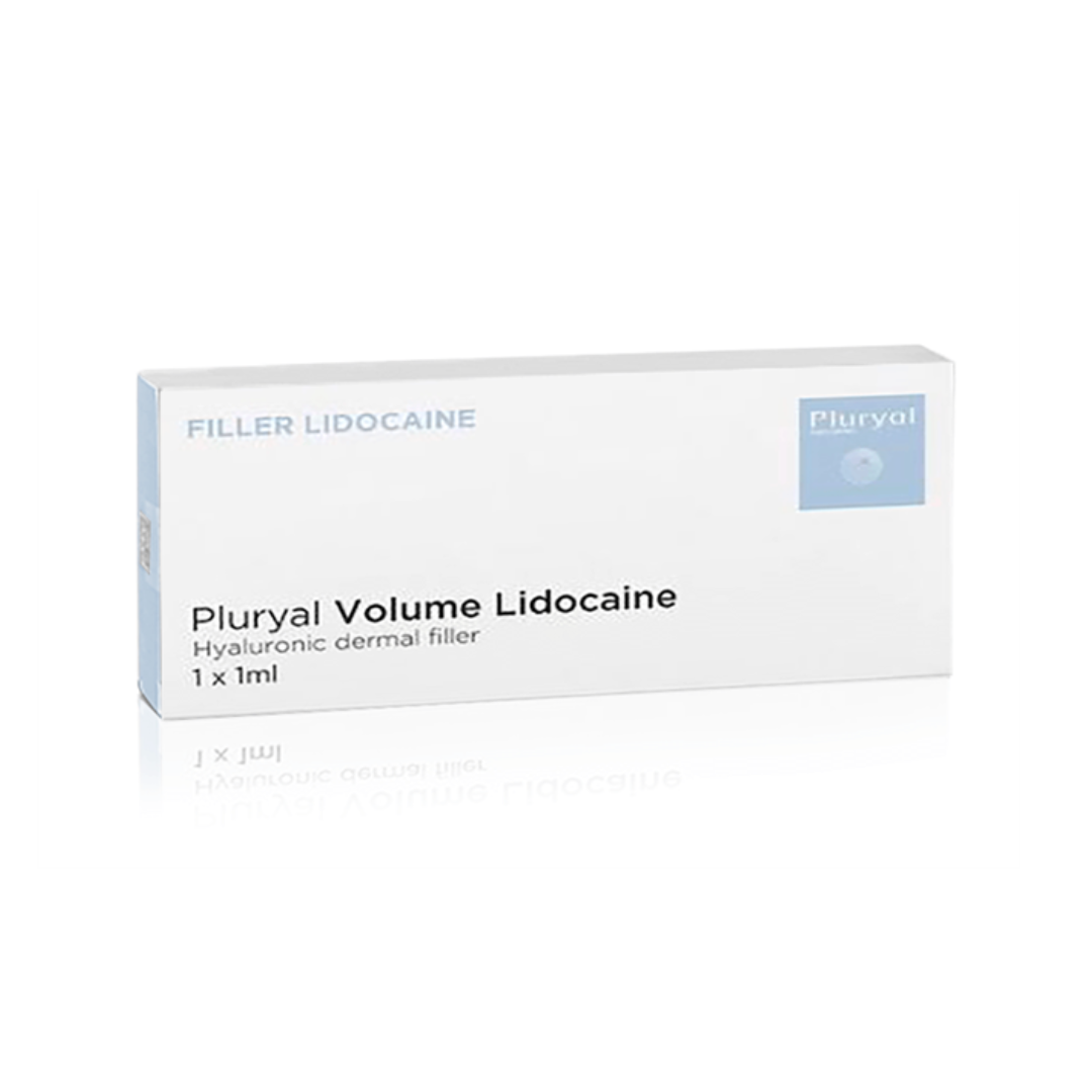 Pluryal Volume Lidocaine box, white with blue detail, 1ml hyaluronic dermal filler with lidocaine for enhanced comfort.