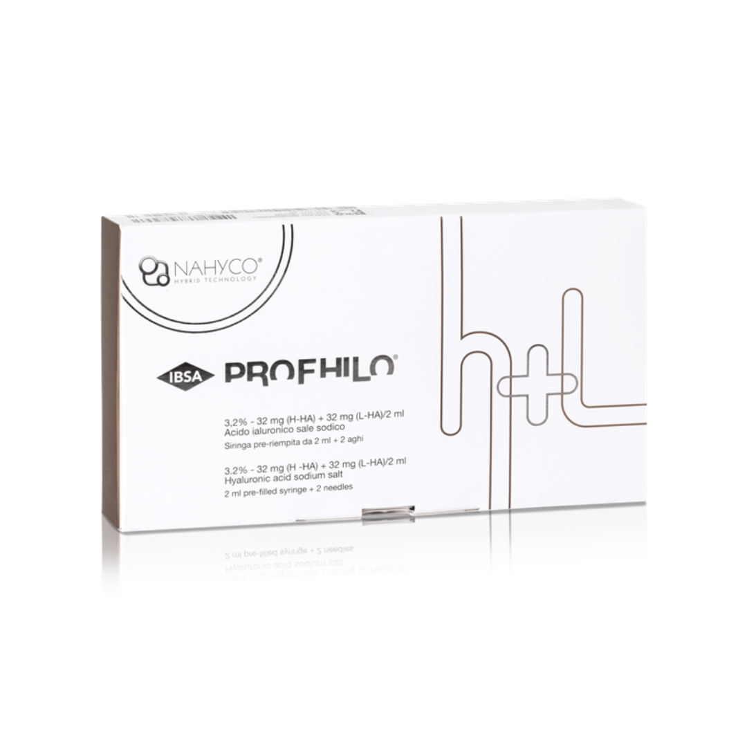 Profhilo H+L product box with clean white design, featuring a 2ml hyaluronic acid syringe for skin rejuvenation.