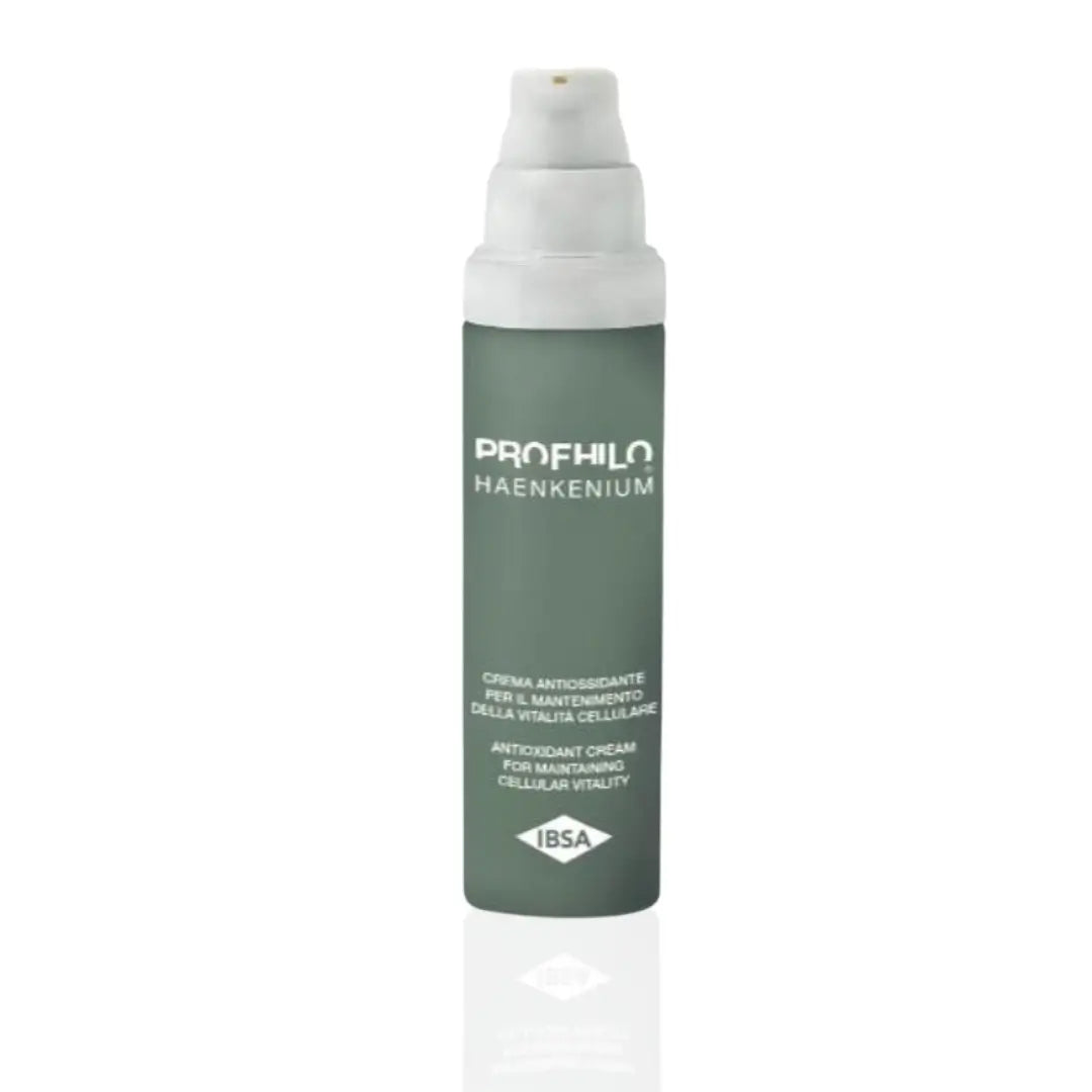 Profhilo Haenkenium antioxidant cream in a sleek green 50ml dispenser bottle, designed for enhancing skin hydration and protection.