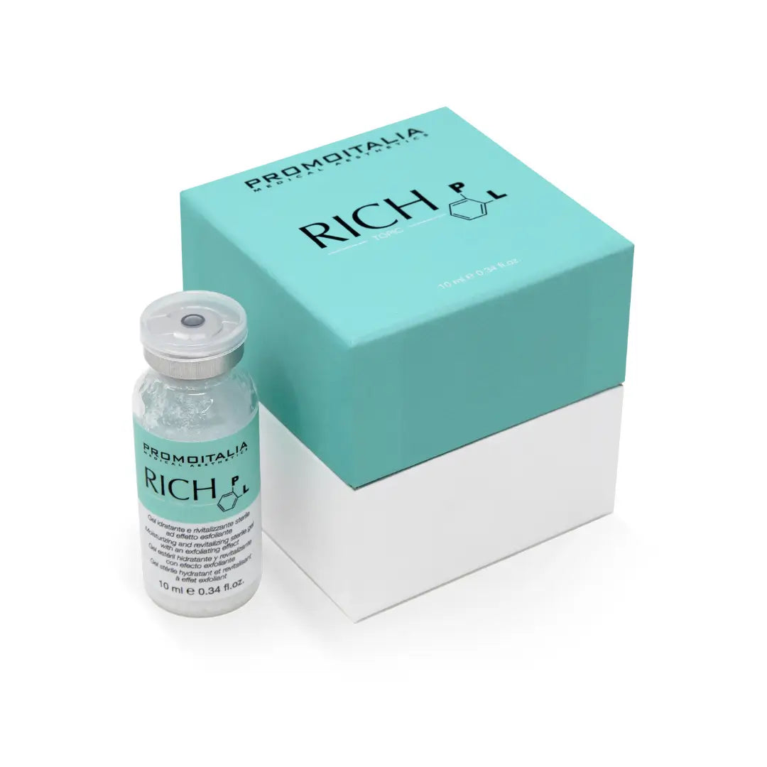 Promoitalia Rich PL Topic with Hyaluronic and Polylactic Acid in a 10ml bottle, next to its teal packaging box, for skin hydration and volumizing.