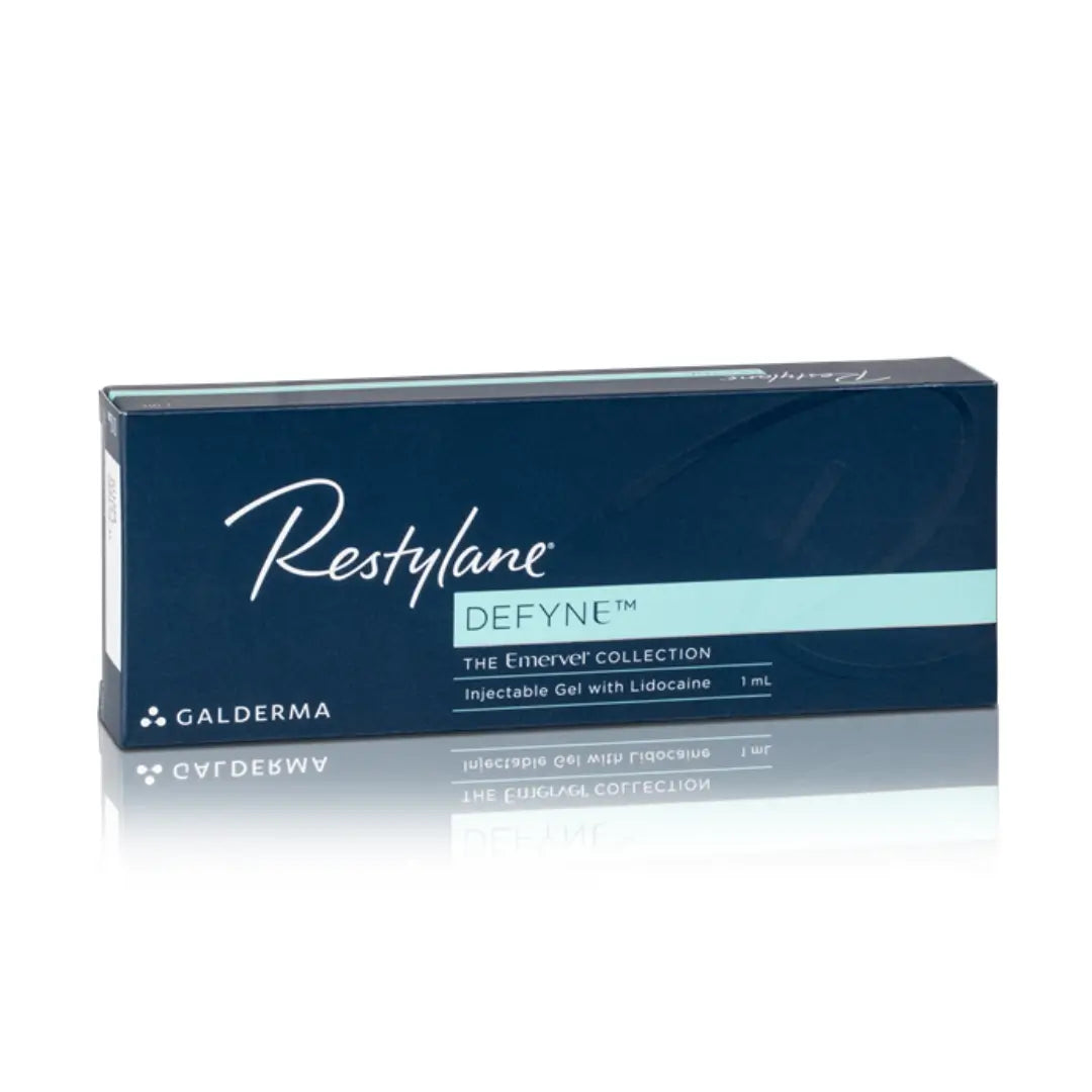 Restylane Defyne Lidocaine 1ml box, blue packaging, used for facial lines and wrinkles reduction with hyaluronic acid.