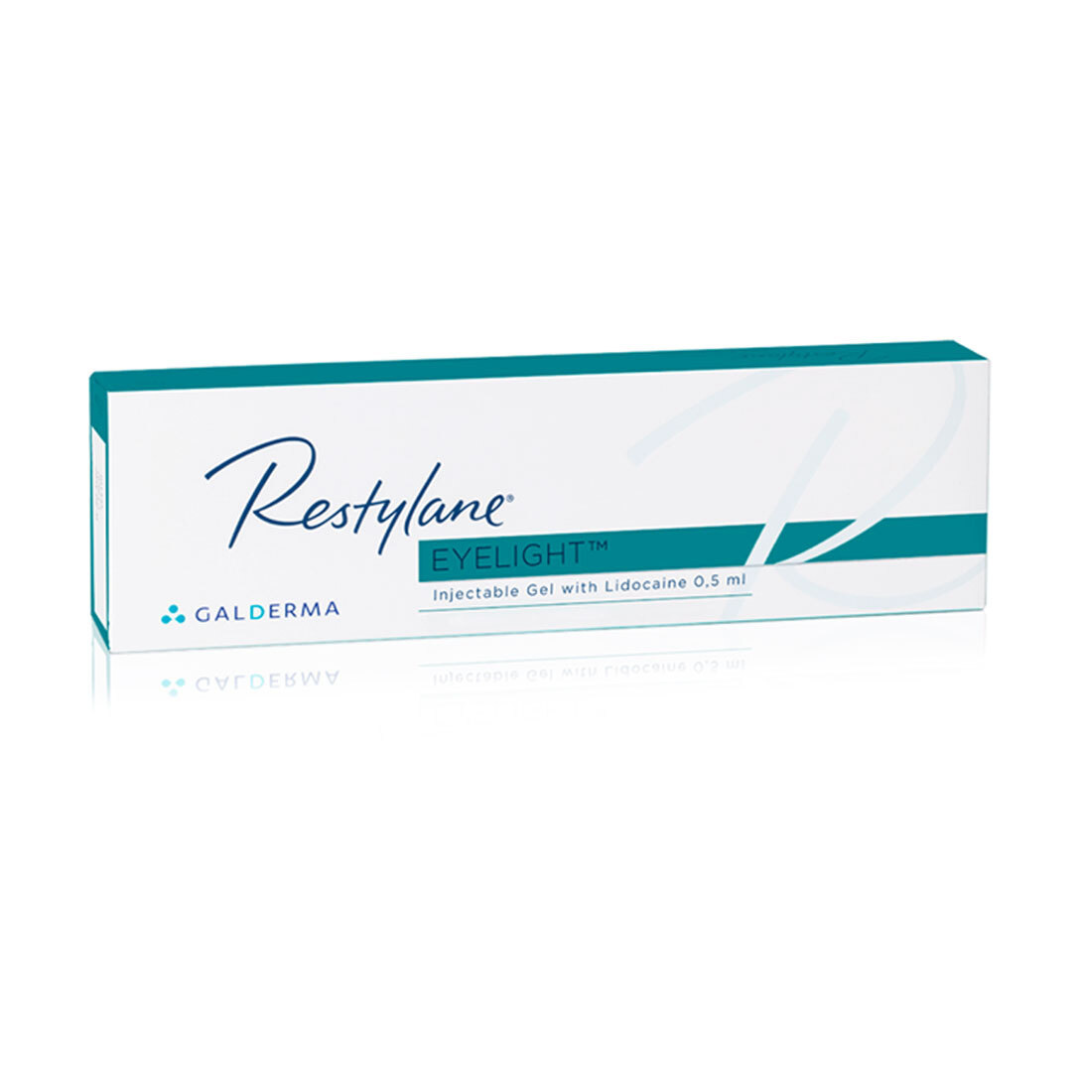 Restylane Eyelight 0.5ml box, featuring white and turquoise design with text, ideal for under-eye rejuvenation.