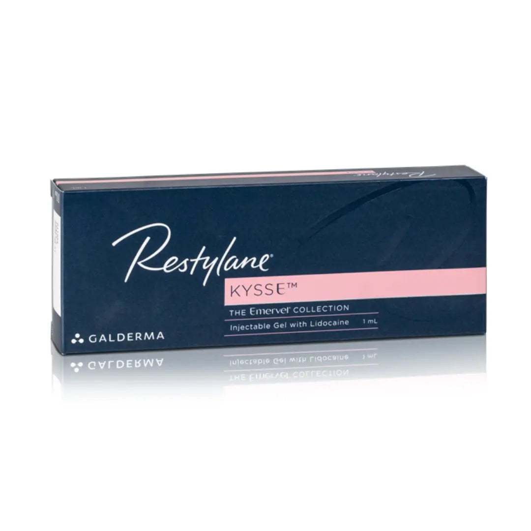 Restylane Kysse Lidocaine 1ml box, blue packaging with pink stripe, designed for enhancing lip volume and contours with hyaluronic acid.