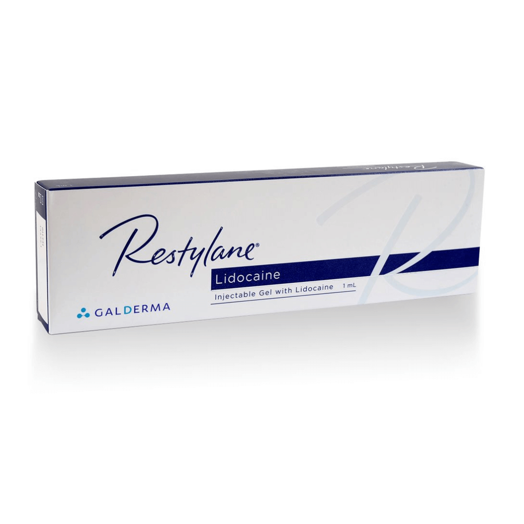 Restylane Lidocaine 1ml box, white and blue packaging, designed for reducing fine lines and enhancing lip volume with hyaluronic acid and lidocaine.