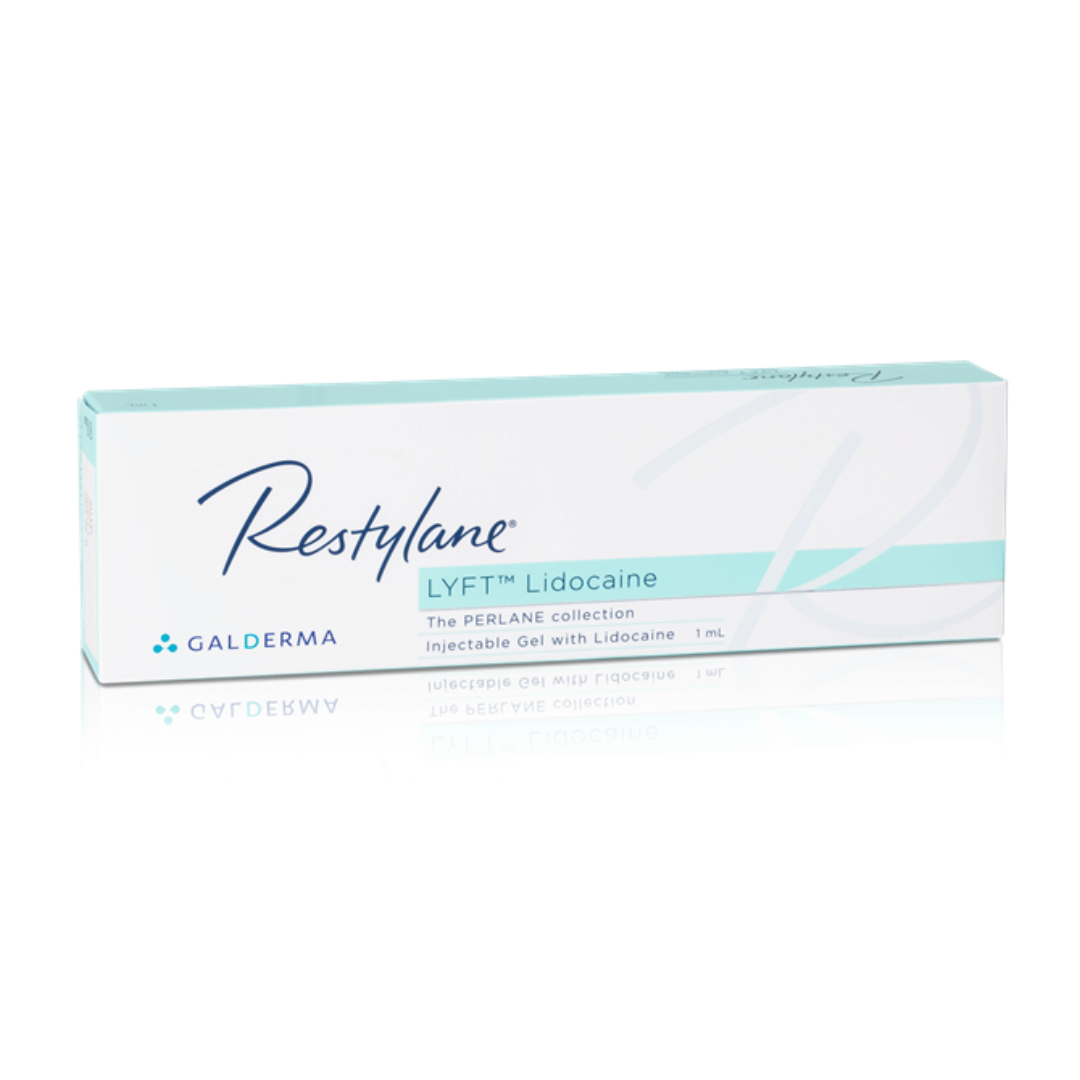 Restylane Lyft Lidocaine 1ml box with white and teal packaging, designed for facial rejuvenation using hyaluronic acid and lidocaine.