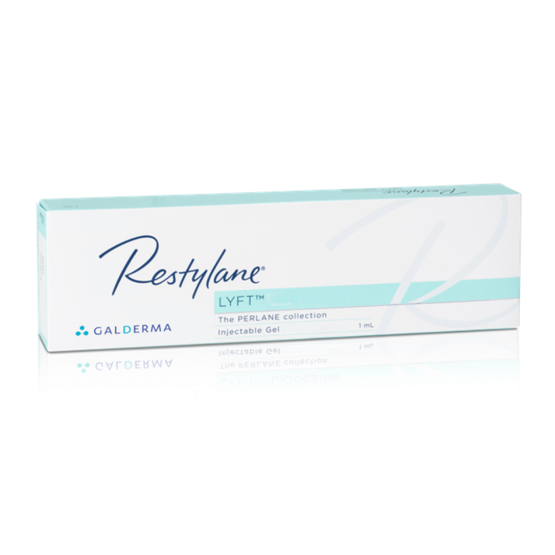 Restylane Lyft 1ml box with white and teal packaging, designed for facial rejuvenation using hyaluronic acid.