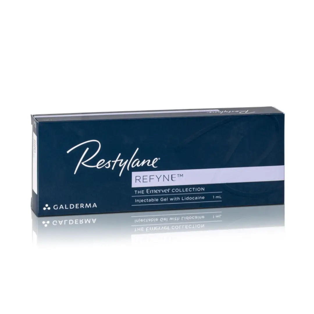 Restylane Refyne Lidocaine 1ml box, blue packaging, used for enhancing facial aesthetics by addressing moderate wrinkles and lines.