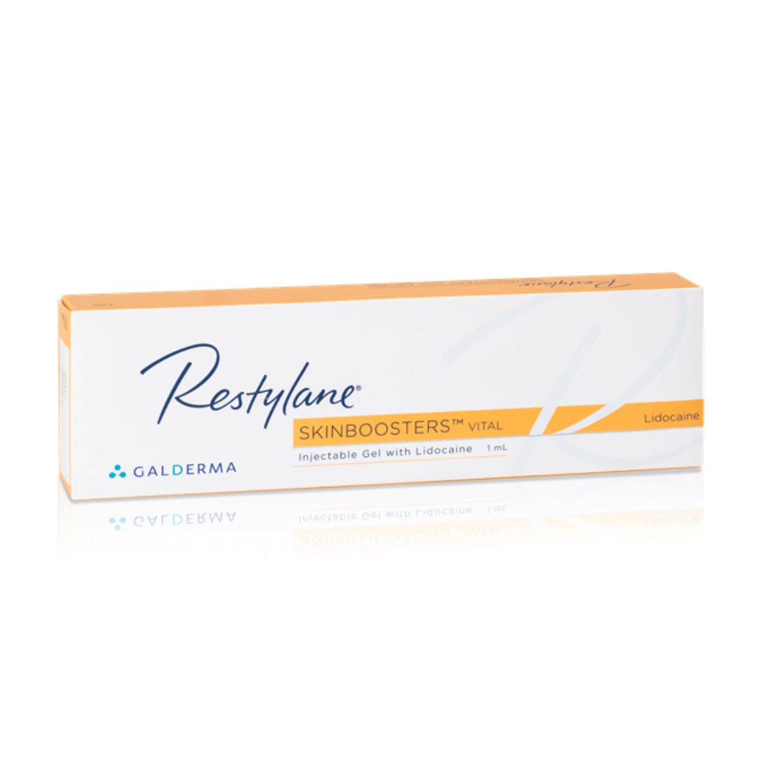 Restylane Skinboosters Vital Lidocaine (1 x 1ml), white and yellow packaging, designed to rejuvenate skin, offering hydration and texture improvement.