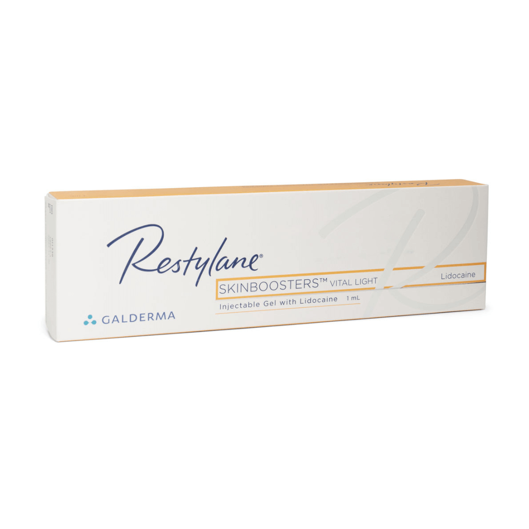 Restylane Skinboosters Vital Light Lidocaine (1 x 1ml) in white and yellow packaging, enhances skin hydration and elasticity with hyaluronic acid and lidocaine.