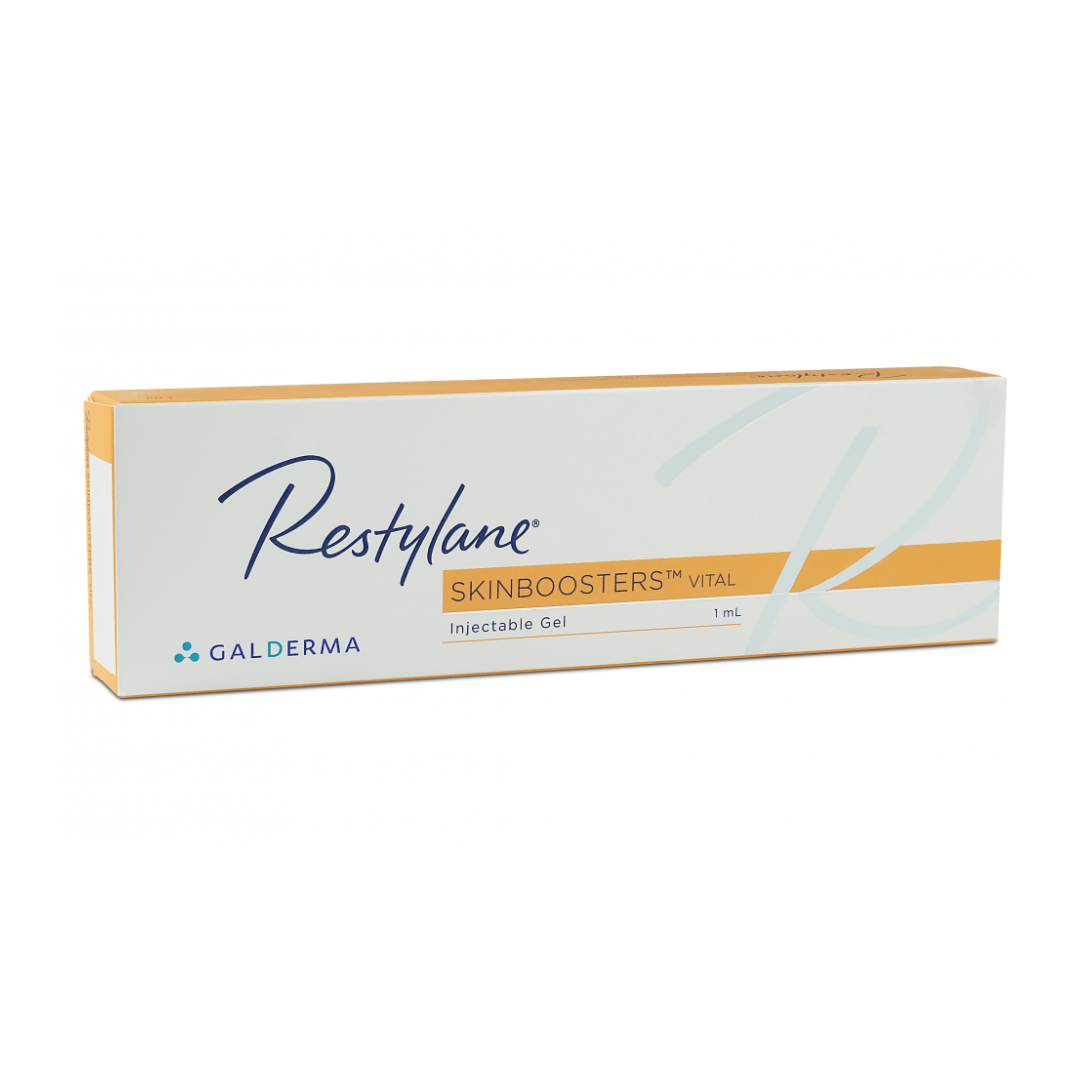 Restylane Skinboosters Vital (1 x 1ml), white and yellow packaging, designed to enhance skin smoothness and elasticity.