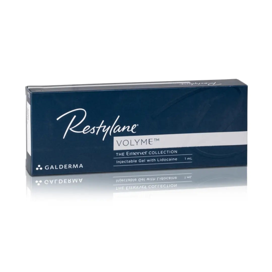 Restylane Volyme Lidocaine 1 x 1ml in blue packaging, a dermal filler for enhancing facial volume in cheeks, chin, and jawline with hyaluronic acid and lidocaine for comfort.