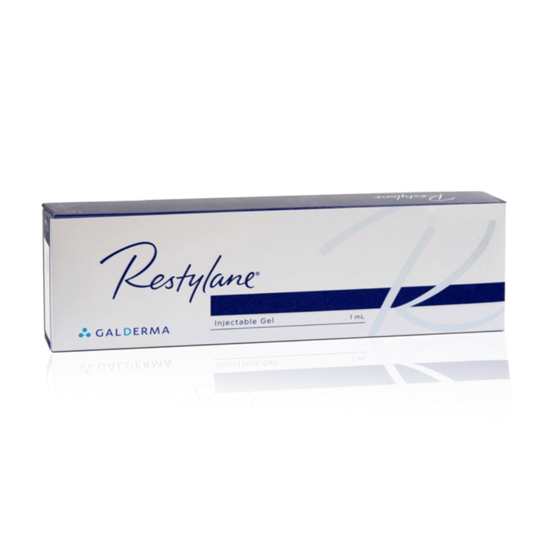 Restylane 1ml injectable gel in a box, includes syringe and needles, for adding skin volume and correcting wrinkles.