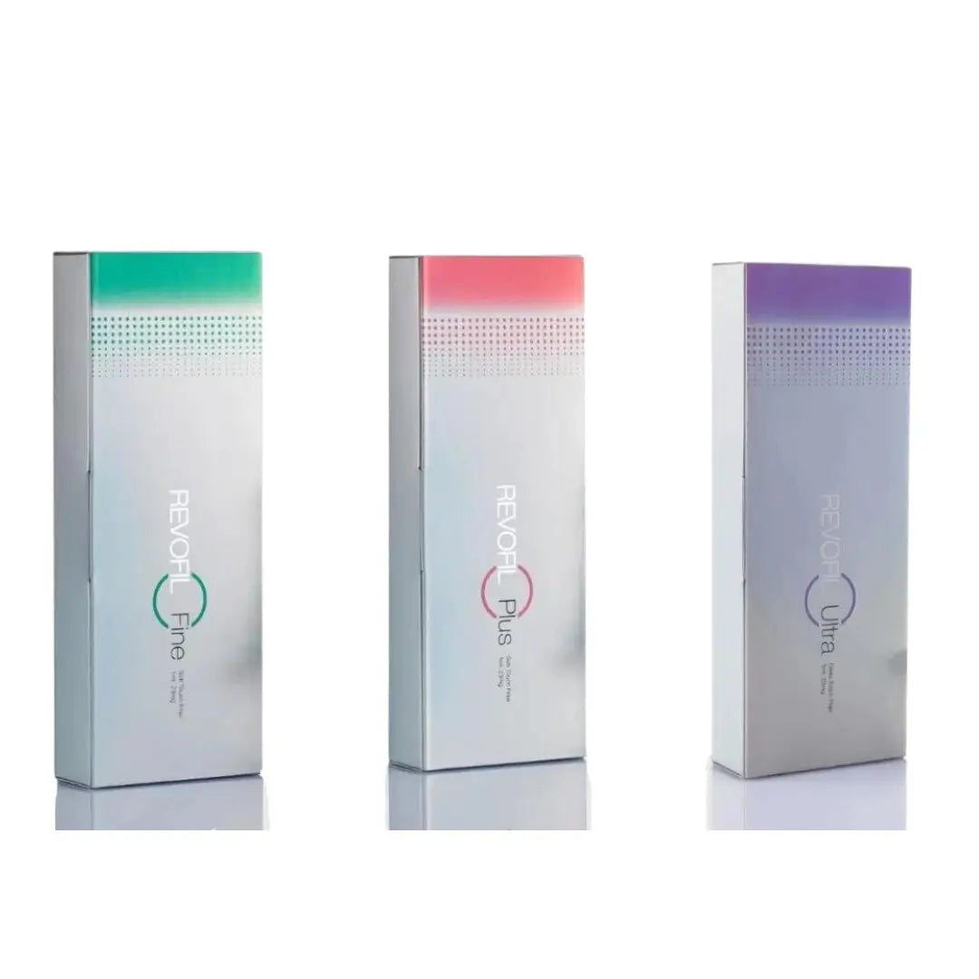 Set of three Revofil product boxes, each with a unique color gradient top: Revofil Fine in green.