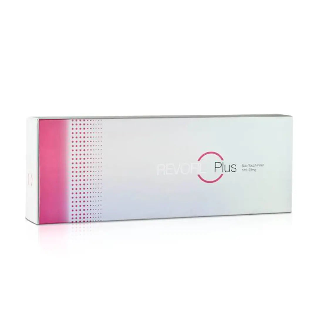 Revofil Plus box with a pink to white gradient, labeled as Soft Touch Filler, 2 x 1ml, for enhancing facial volume and smoothing deep wrinkles.