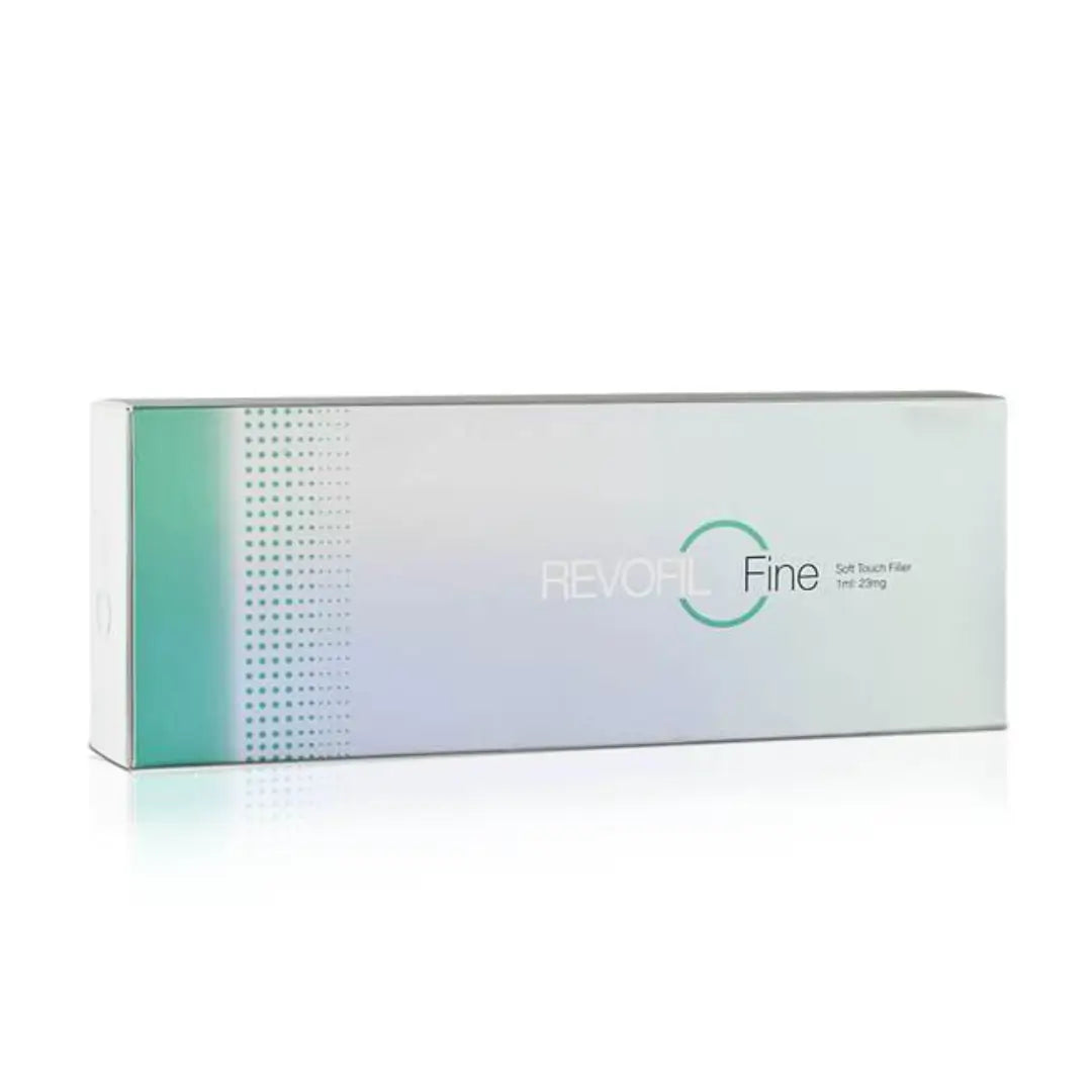 Revofil Fine box featuring a gradient from teal to white with the logo and product name for enhancing skin smoothness and reducing fine lines.