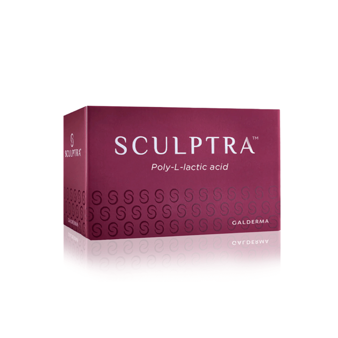 Red box of Sculptra Poly-L-lactic acid containing 2 vials of 5ml each, used for facial volume loss and collagen stimulation.