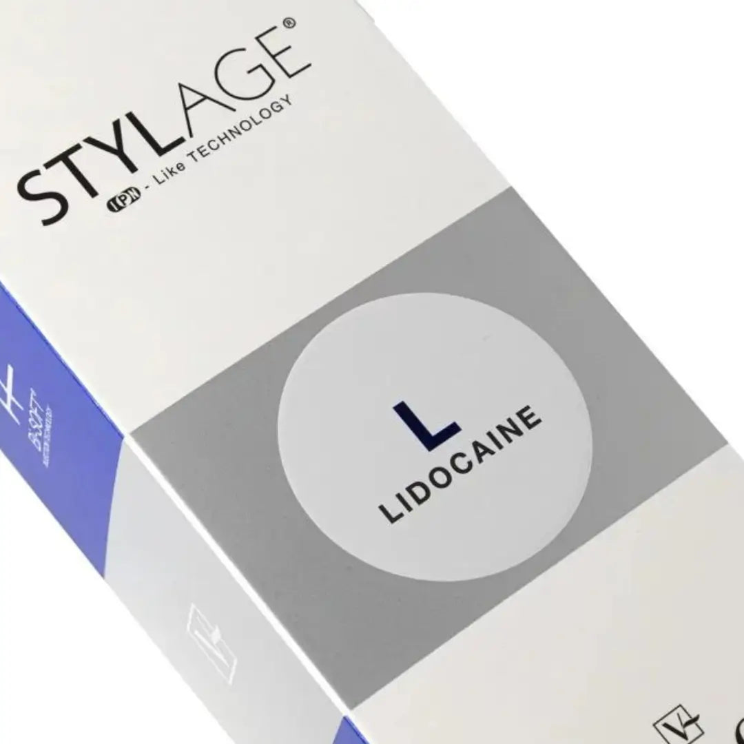 Close-up of Stylage Bi-Soft L Lidocaine box highlighting its unique branding and lidocaine content for enhanced comfort during use.