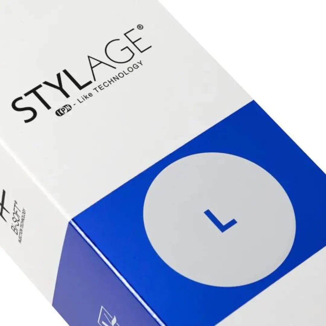 Close-up of Stylage Bi-Soft L box highlighting the 'L' symbol on a blue circle, designed for treating deep facial wrinkles.