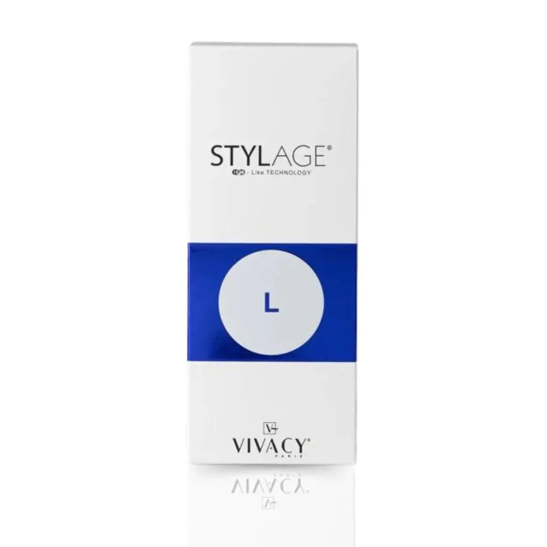 Stylage Bi-Soft L packaging, white box with blue accents, prominently features product name and size for facial rejuvenation.