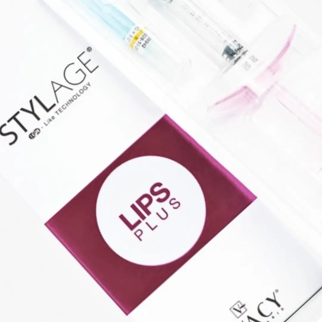 Close-up of Stylage Bi-Soft Lips Plus packaging showing syringe and needle details with a pink and white box design.