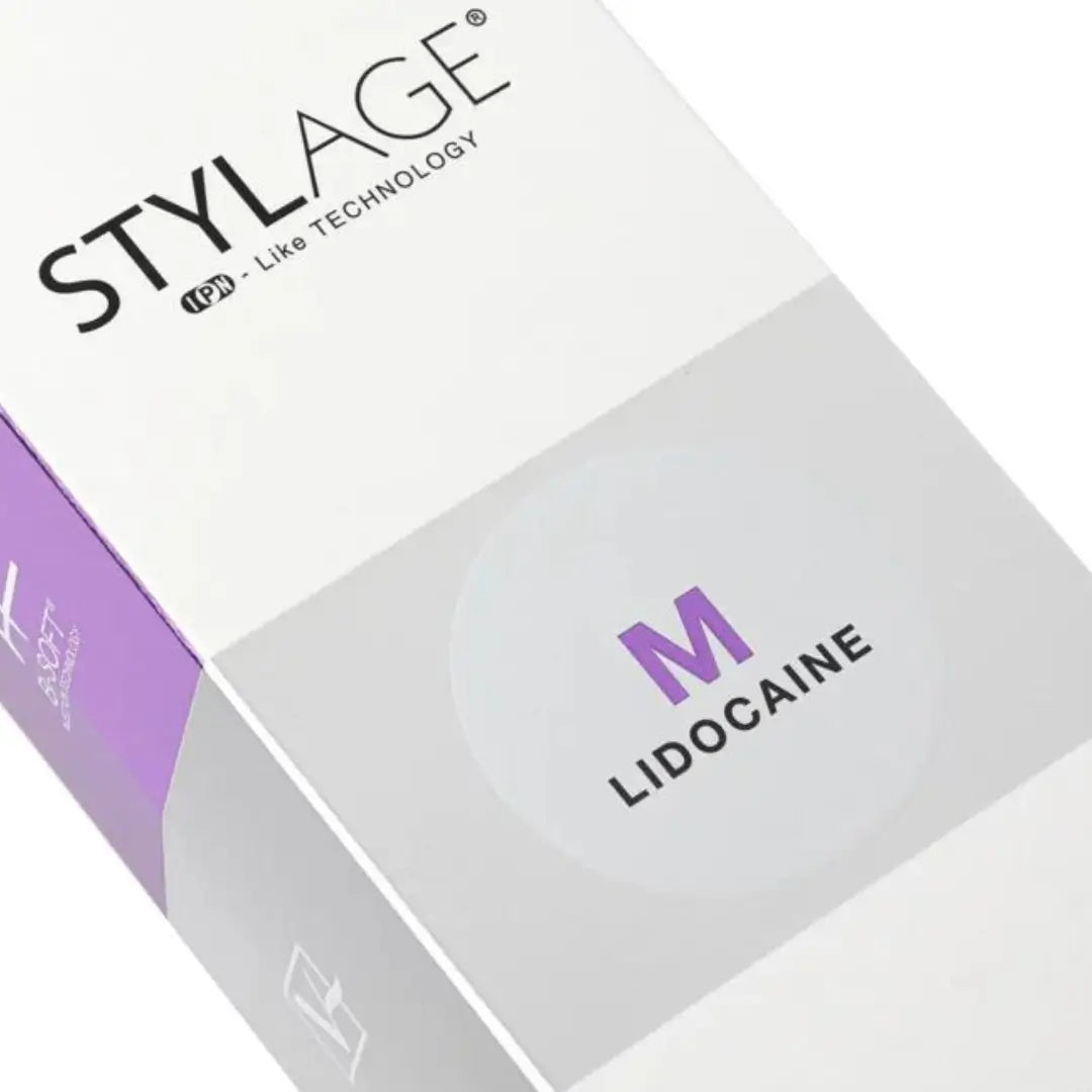 Stylage Bi-Soft M Lidocaine box with white and purple design, highlighting 'M Lidocaine' label.