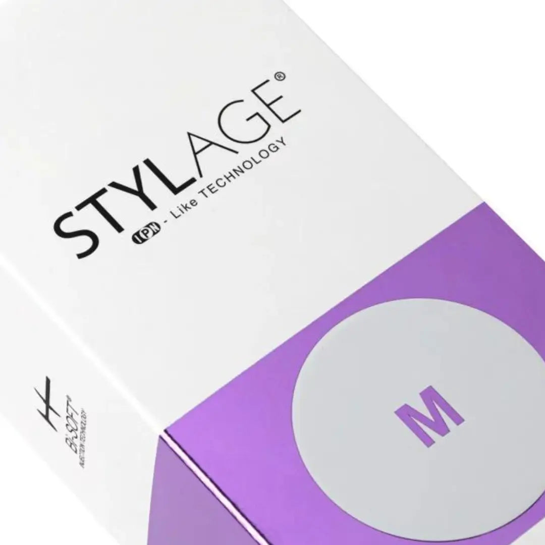 Stylage Bi-Soft M product box, white and purple with the logo and product name visible, highlighting its use for skin smoothing and rejuvenation.