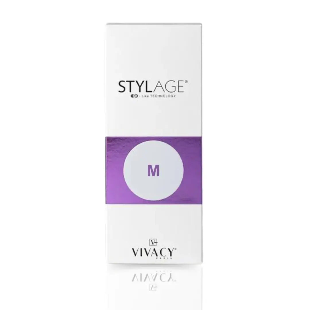 Close-up of Stylage Bi-Soft M packaging showing product details on a sleek white box with purple accents designed for cosmetic use.