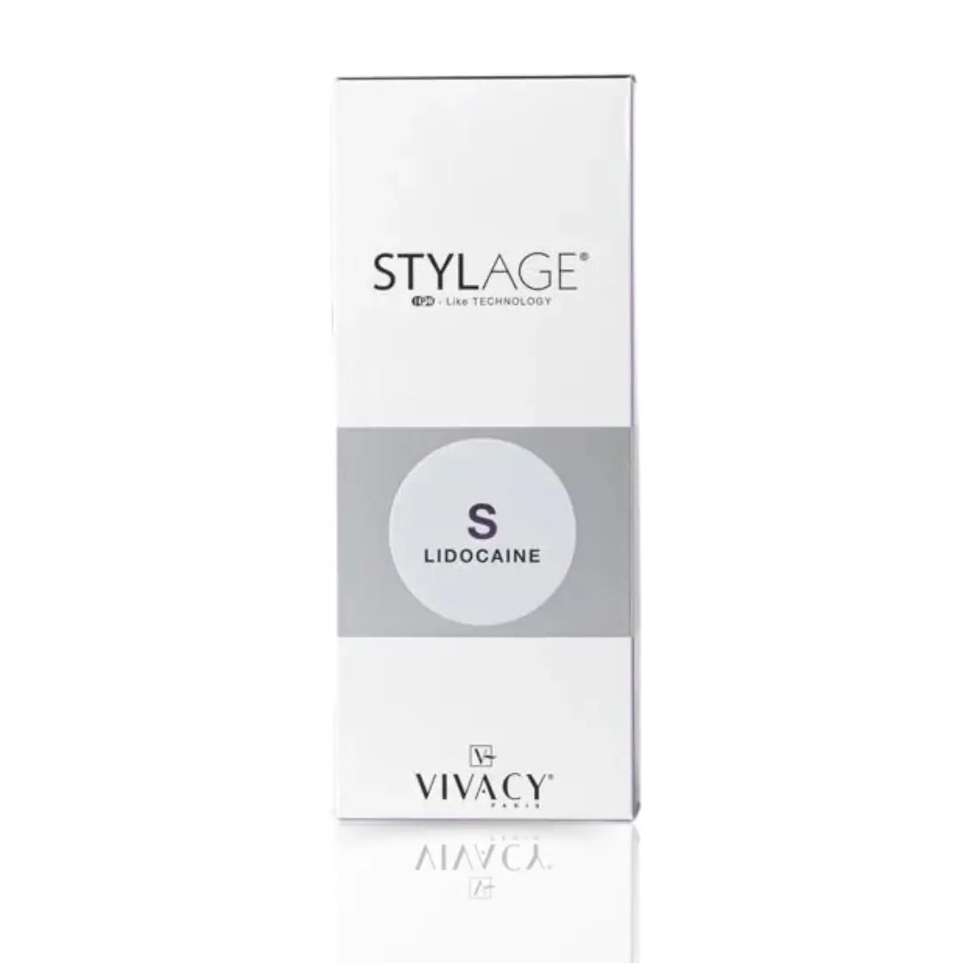 Stylage Bi-Soft S Lidocaine box, white with grey and purple accents.