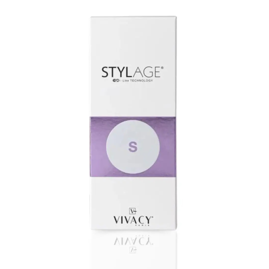 Stylage Bi-Soft S product box with purple accent, marketed for enhancing skin smoothness and reducing early signs of aging.