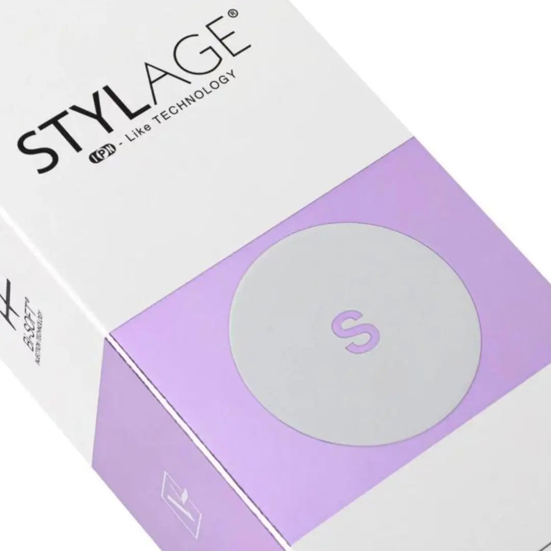 Close-up of Stylage Bi-Soft S packaging emphasizing its gentle formula for smoothing superficial facial lines.