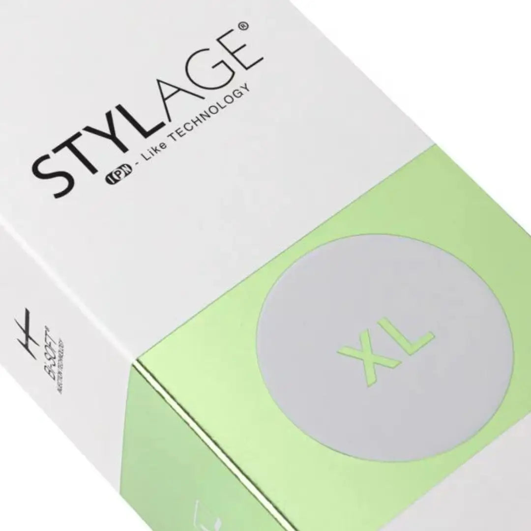 Close-up of Stylage Bi-Soft XL package focusing on logo and XL mark, emphasizes facial rejuvenation.