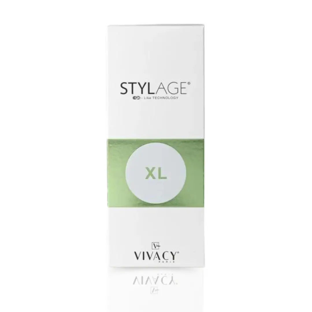 Stylage Bi-Soft XL cosmetic box in white with green accents, highlighting facial volume restoration.