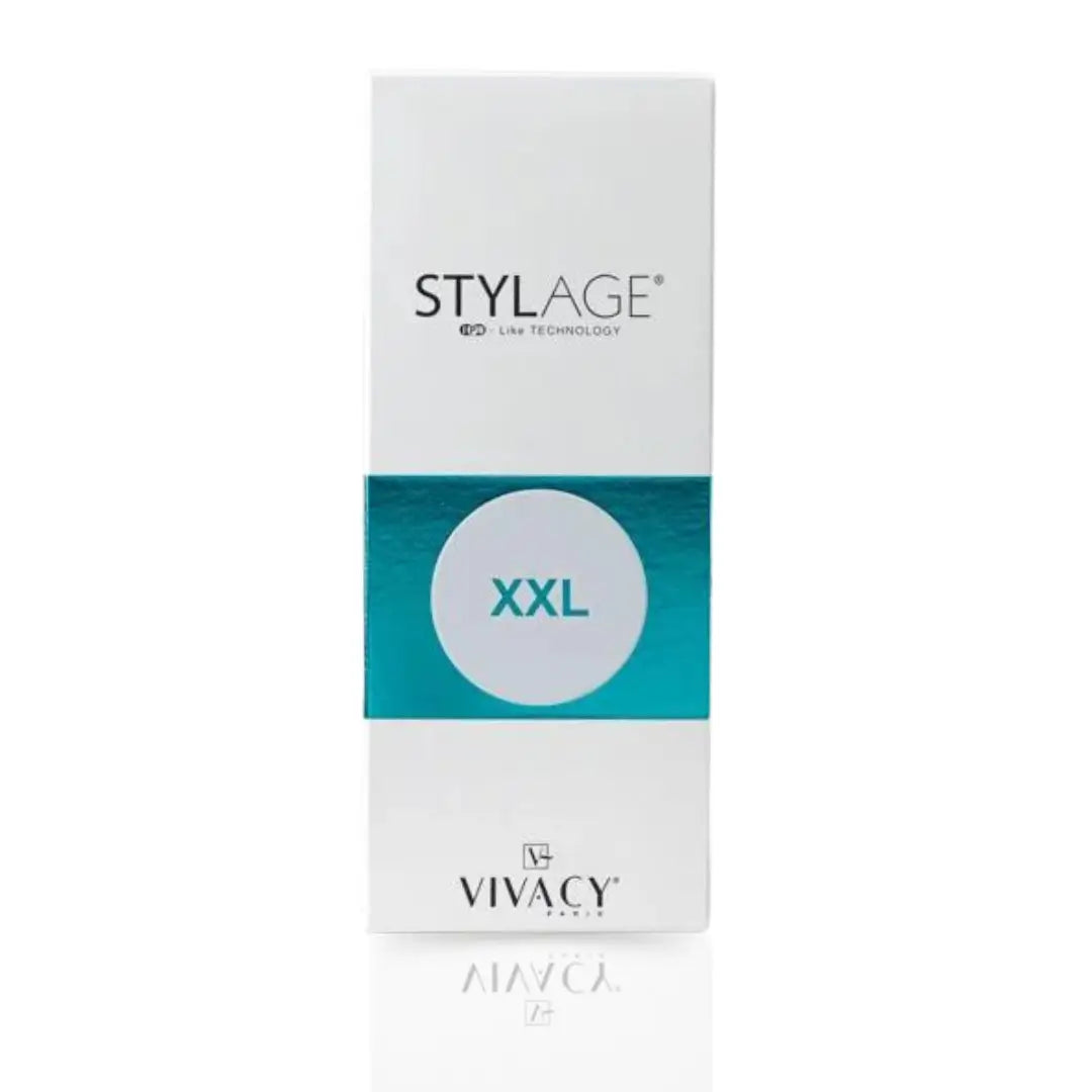 Stylage Bi-Soft XXL product box showing turquoise circle label on a white background, labeled for restoring facial volume and contouring features.