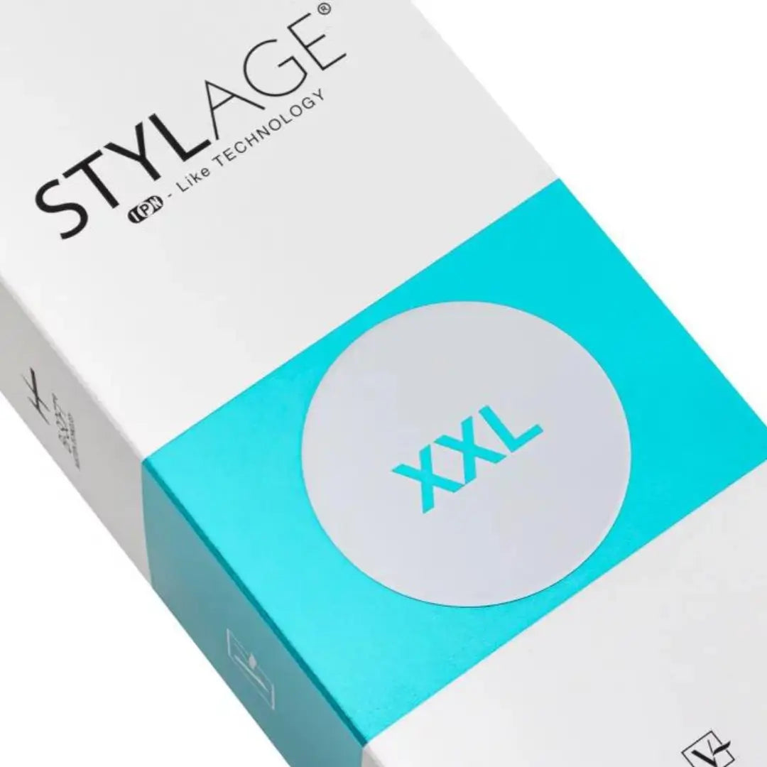 Close-up of Stylage Bi-Soft XXL packaging highlighting the XXL label in turquoise, emphasizing facial volume enhancement.