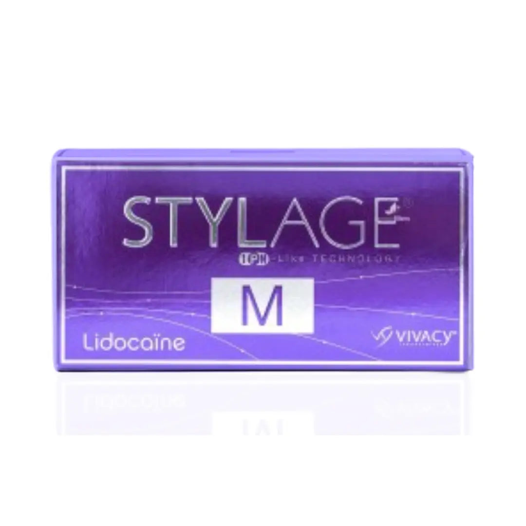 Close-up of Stylage M Lidocaine box with detailed purple graphics and brand logo, emphasizing ease of use and gentle formula for facial rejuvenation.