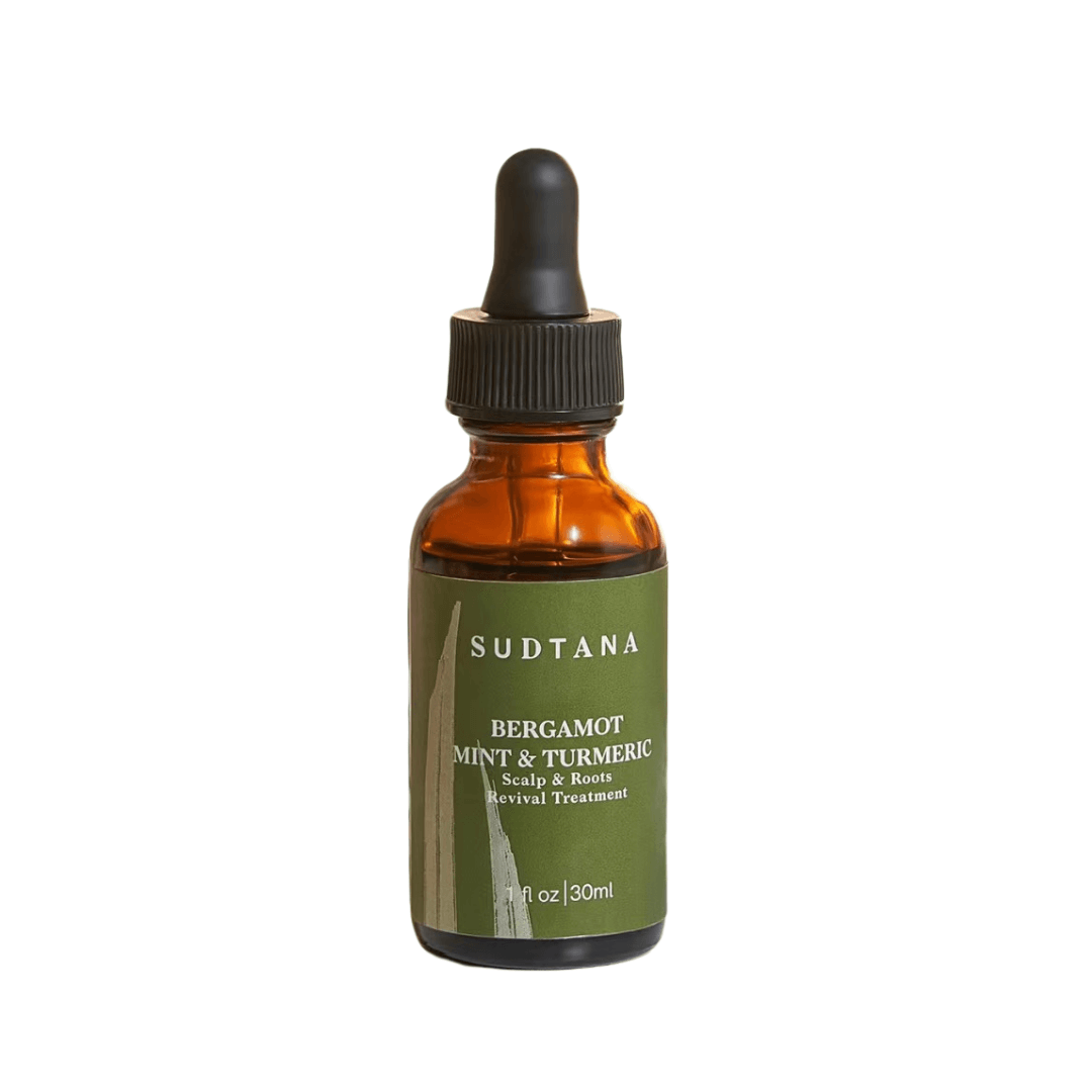 Single bottle of Sudtana Bergamot Mint & Turmeric scalp treatment oil, for nourishing dry scalp.