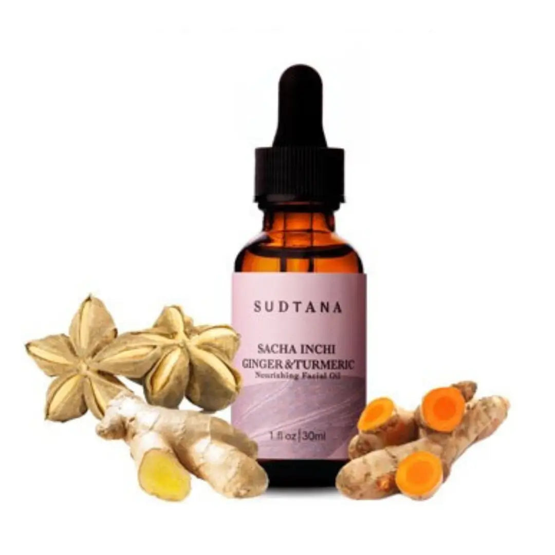 Sudtana Sacha Inchi Ginger & Turmeric facial oil with sacha inchi pods, ginger, and turmeric root.