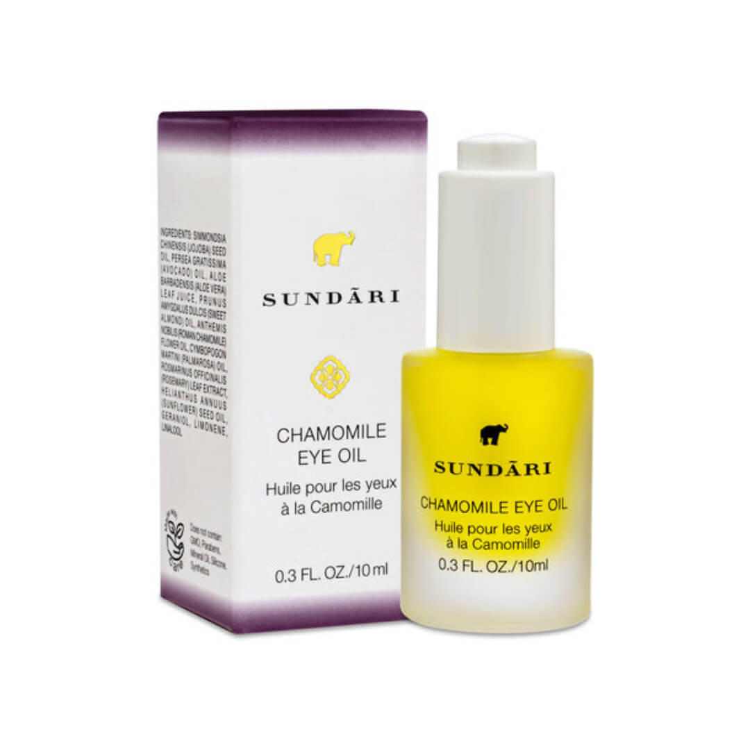 Sundari Chamomile Eye Oil next to packaging, highlighting ingredients and usage for delicate eye area.